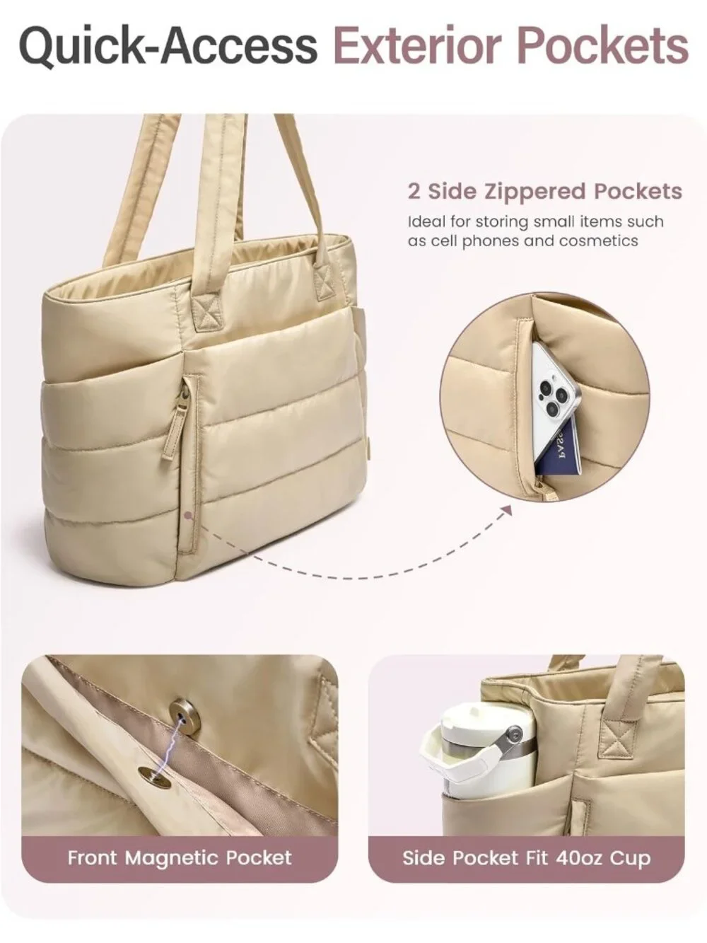👜Women's Light Khaki Quilted Puffer Tote Bag Zipper Work Bag With Compartments